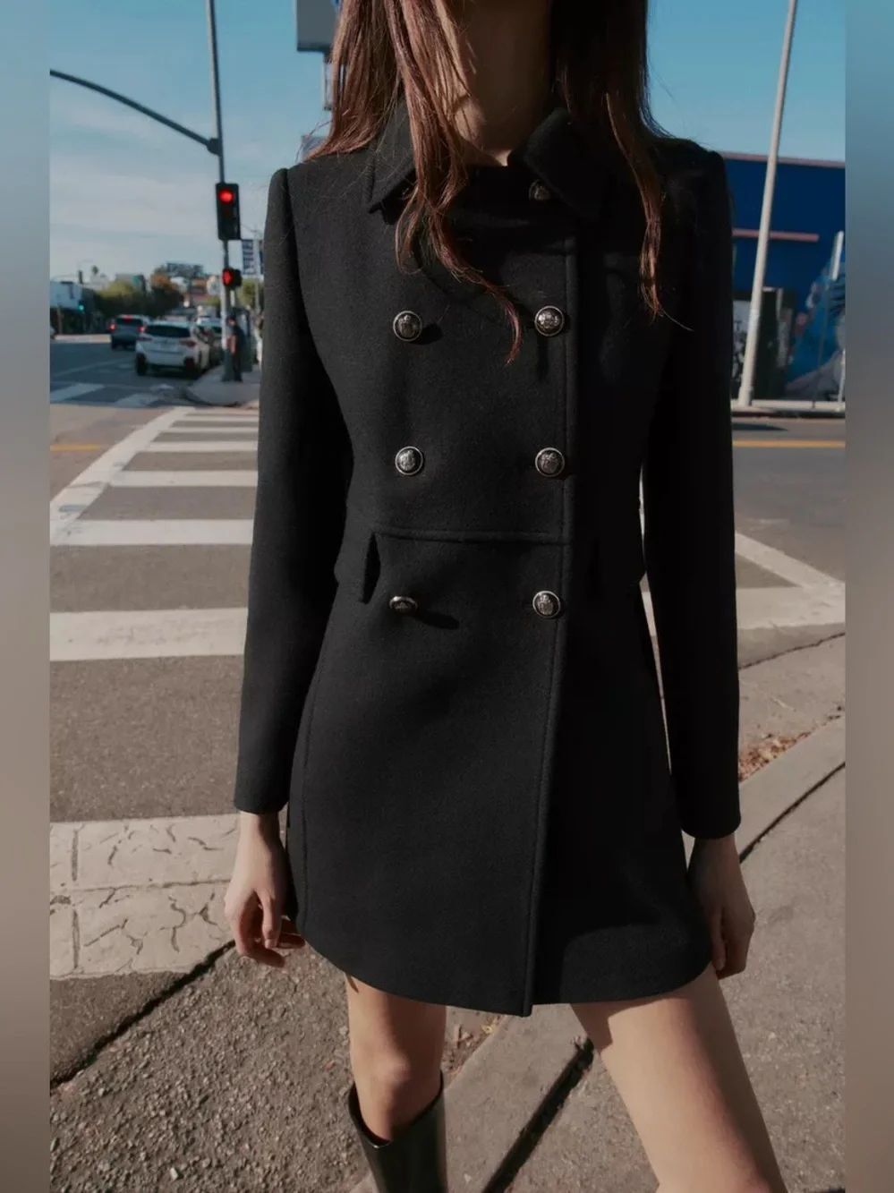 Zara Double breasted wool blend pea coat military jacket • small